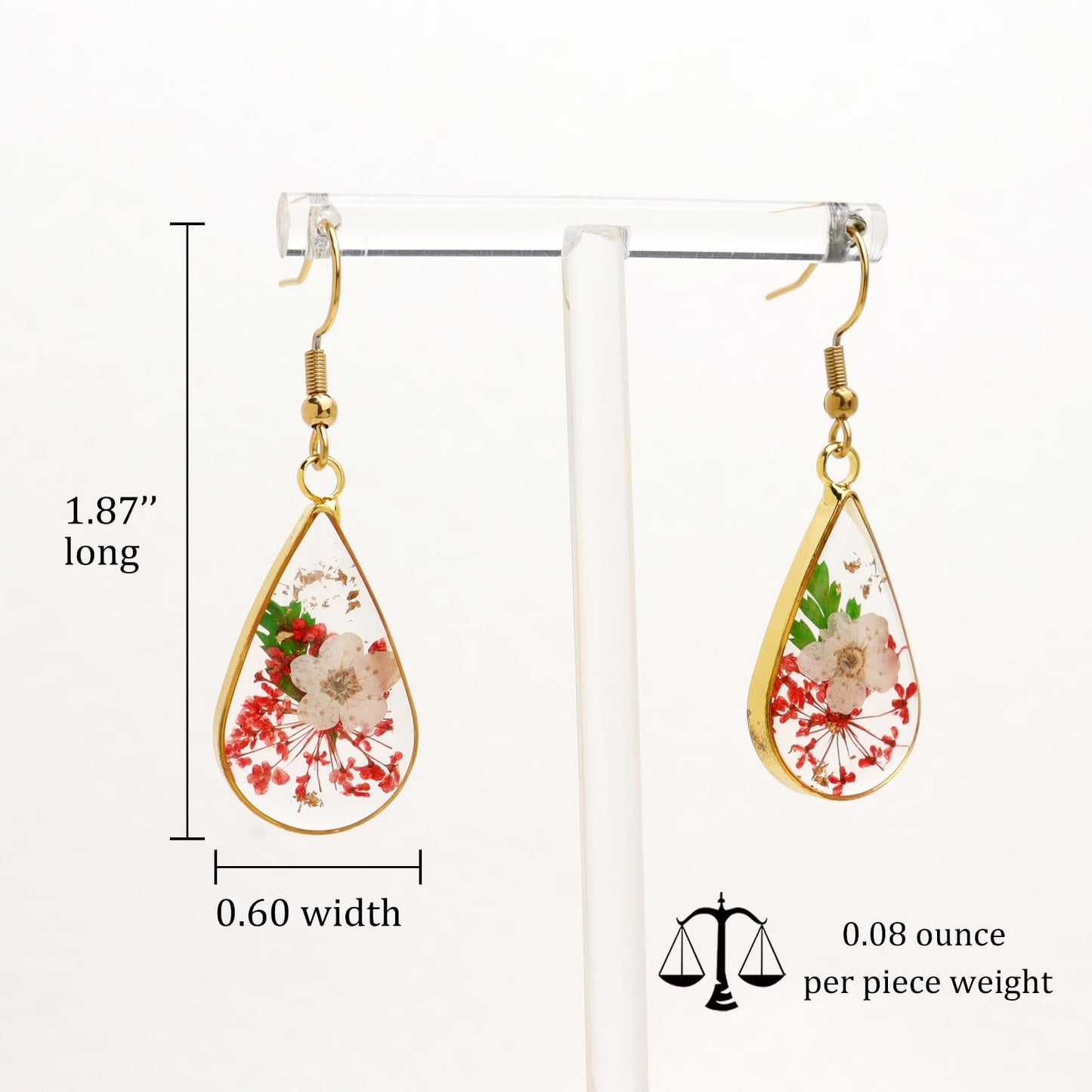 Jean Beau Handmade Pressed Flower Earrings for Women, Unique Resin Red White Dried Flowers Gold Plated Teardrop Dangle Drop Nature Floral Earings Fashion Summer Jewelry Gift