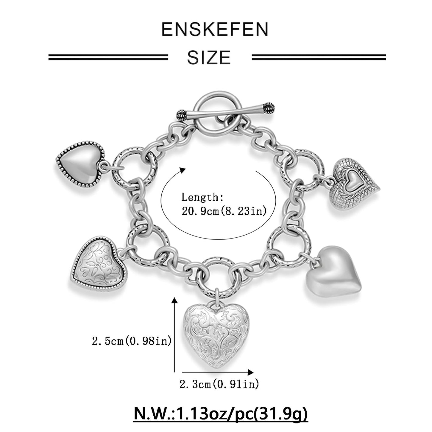 ENSKEFEN Vintage Heart Charm Bracelets for Women Matte White Gold Link Chain Bracelet with 5 Unique Heart Pendants OT Toggle Bracelet