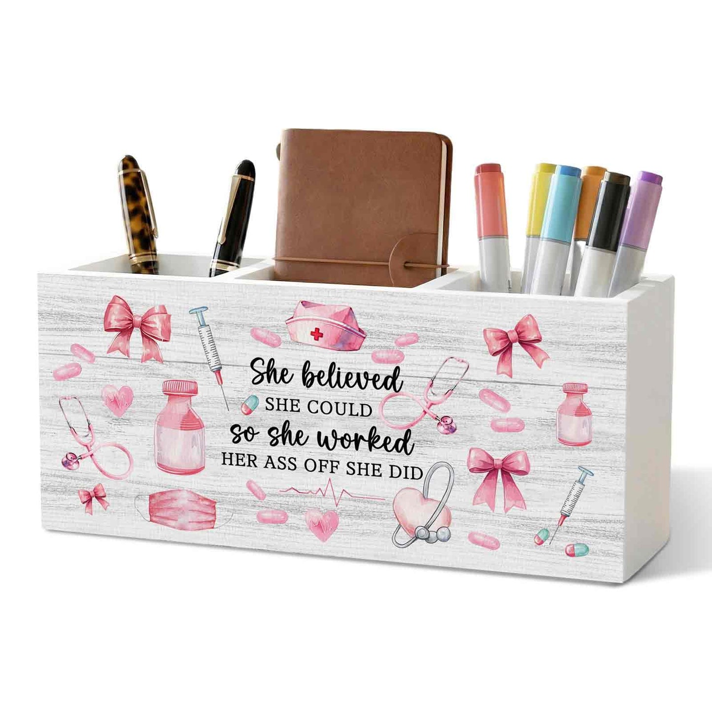XINCEYWJ Pink Nurse Office Pencil Pen Holder for Desk Organizer, Nurse Appreciation Gifts, Nursing Week Gifts, Nurses Gift for Women Wooden Box Decorations for Office Desk Tabletop Decor
