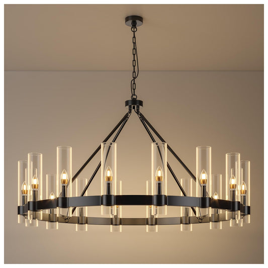 AEULYTIR 48 Inch Black Wagon Wheel Chandelier with Glass Shade, 16 Lights, Modern Farmhouse Style, Ideal for Dining Room, Kitchen, Entryways