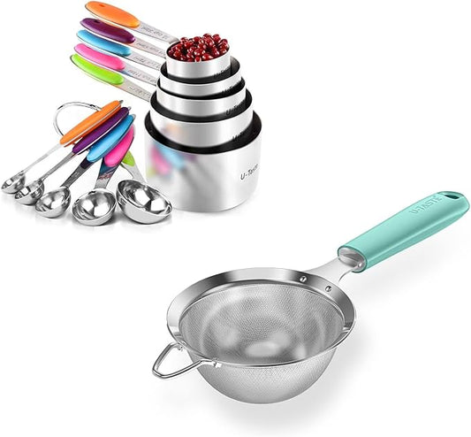 U-Taste 10 Piece Measuring Cups and Spoons Set in 18/8 Stainless Steel (Multicolors), and 18/8 Stainless Steel 3.9 inch 30 Mesh Strainer (Aqua Sky)