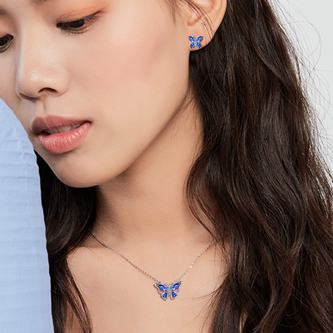 Hipunk Butterfly Blue Jewelry Sets Birthstone Women 925 Sterling Silver September-Sapphire Birth Stone Animal Butterflies Jewelry Sets/Earring Set Crystal Birthday Jewelry SS0001S