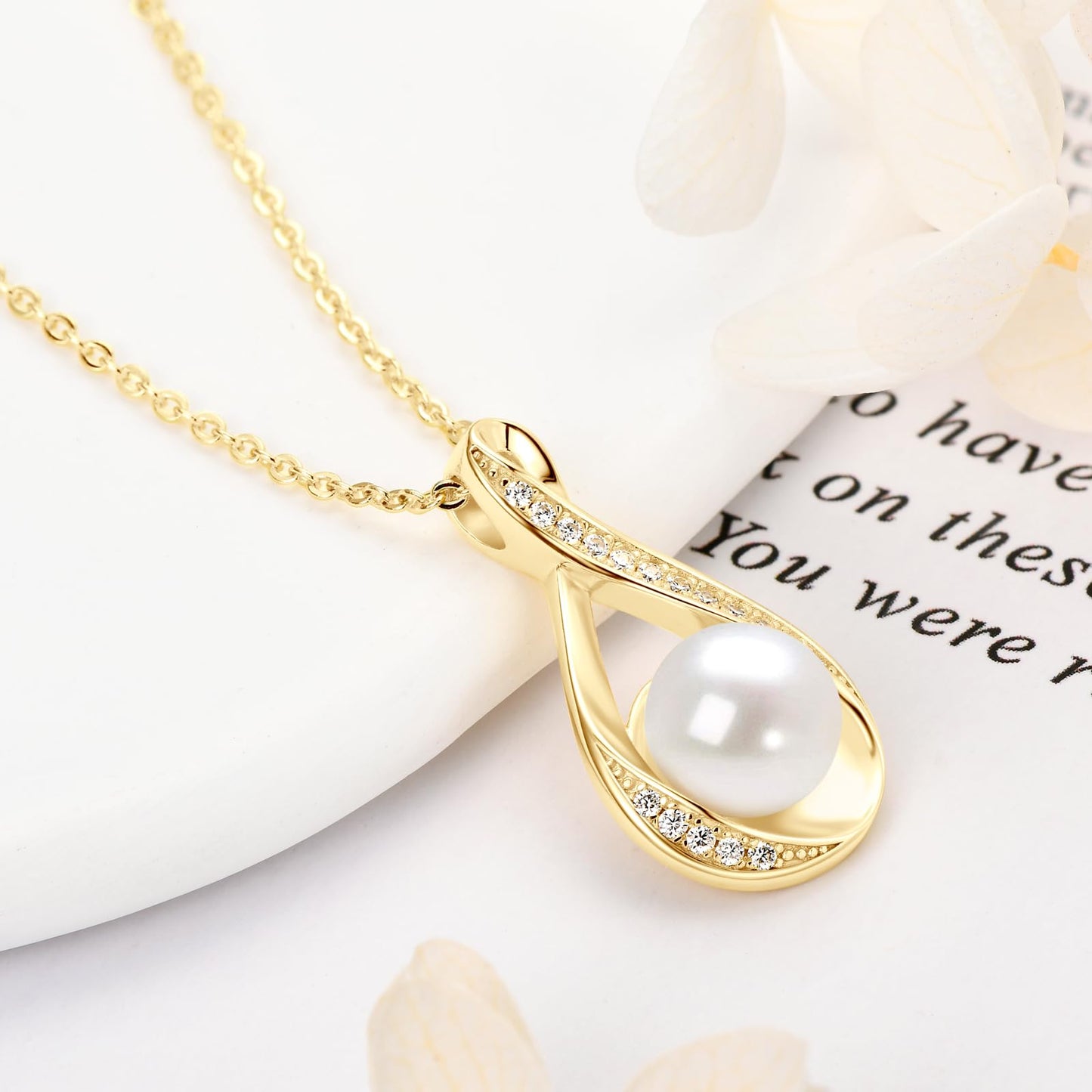 Pearl Necklace for Women, Freshwater Cultured Dainty Gold Plated Single Pearl Pendant Necklace with Moissanite Wedding Jewelry Gift for Bride Bridesmaid (8mm)