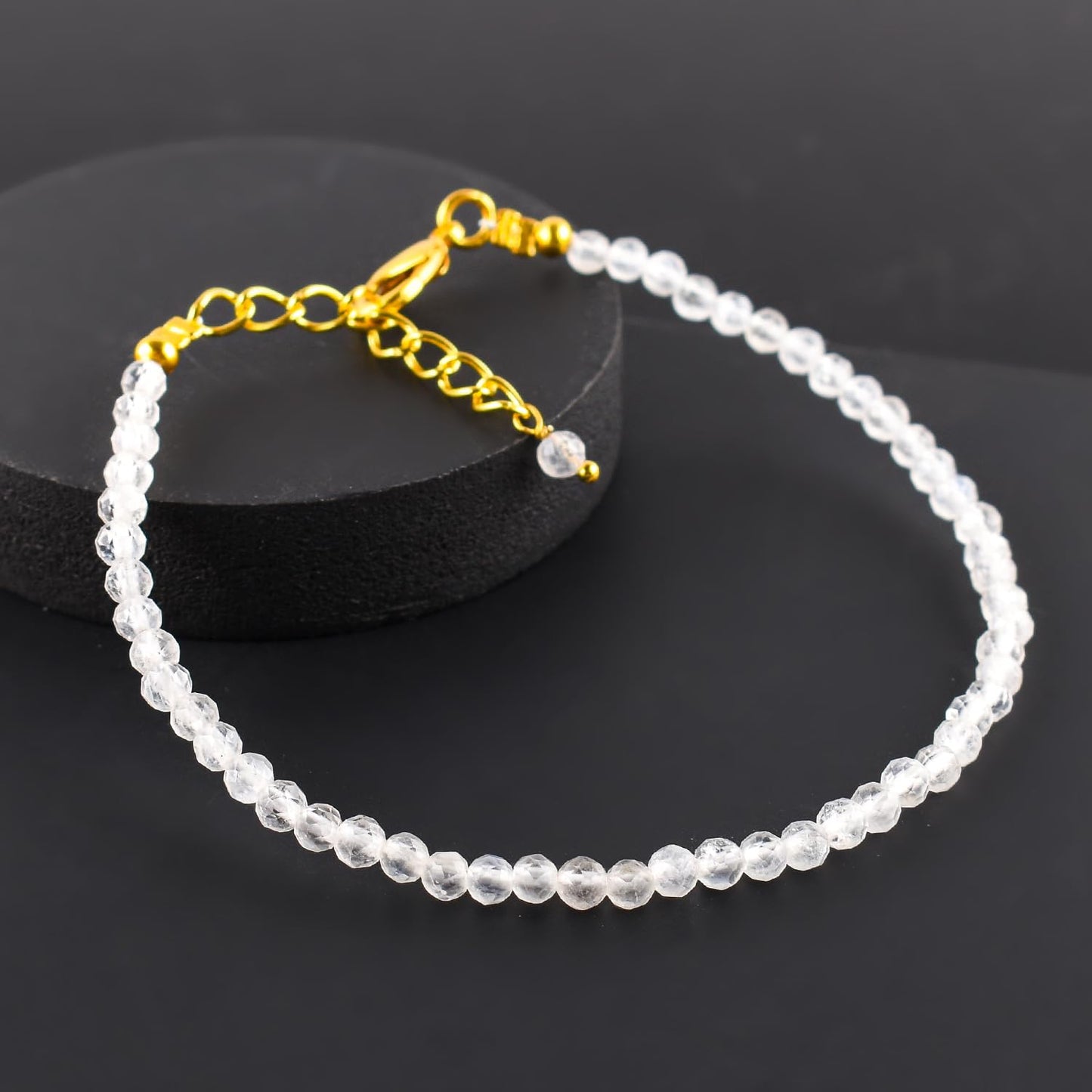 Natural White Moonstone Gemstone Micro Beads Dainty Beaded Bracelet Jewelry for Women, June Birthstone, Chakra Energy Crystals, 14k Gold Plated Chain 8 inch Adjustable, Gifts For Her