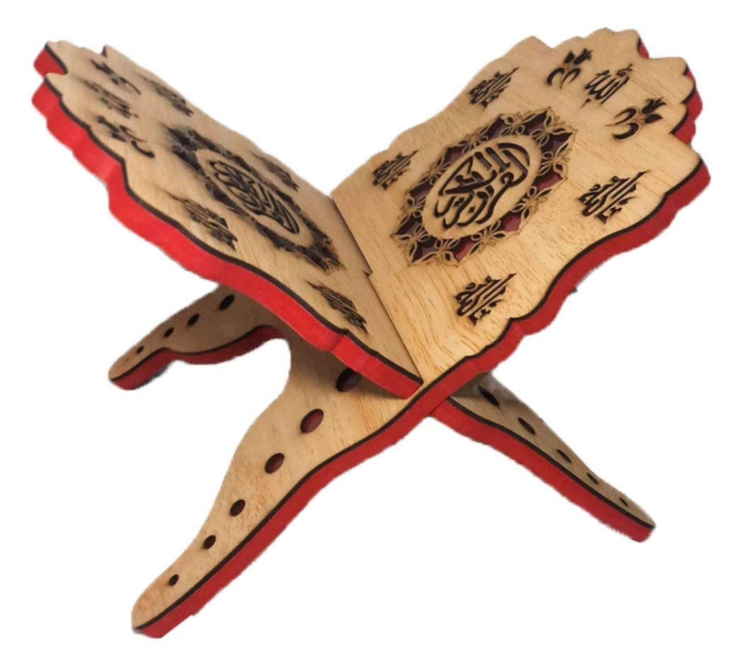 Muslim Holy Al-Quran Book Stand AMN130 Wooden Carved Rihal Folding Display Bible Magazine Holder Islam Gift (Medium 19x30 cm.)