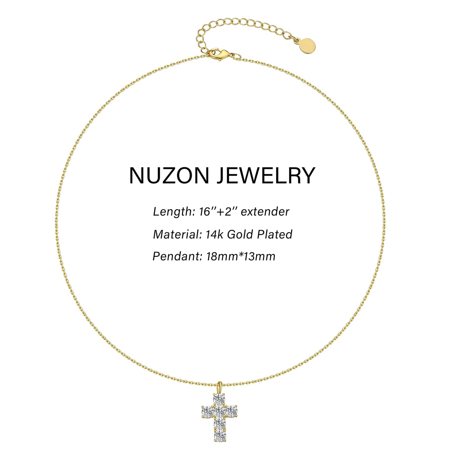 NUZON 18K Gold Plated Dainty Cross Necklace for Women Simple Cute White Cubic Zirconia Cross Pendant Necklace Jewelry 16''