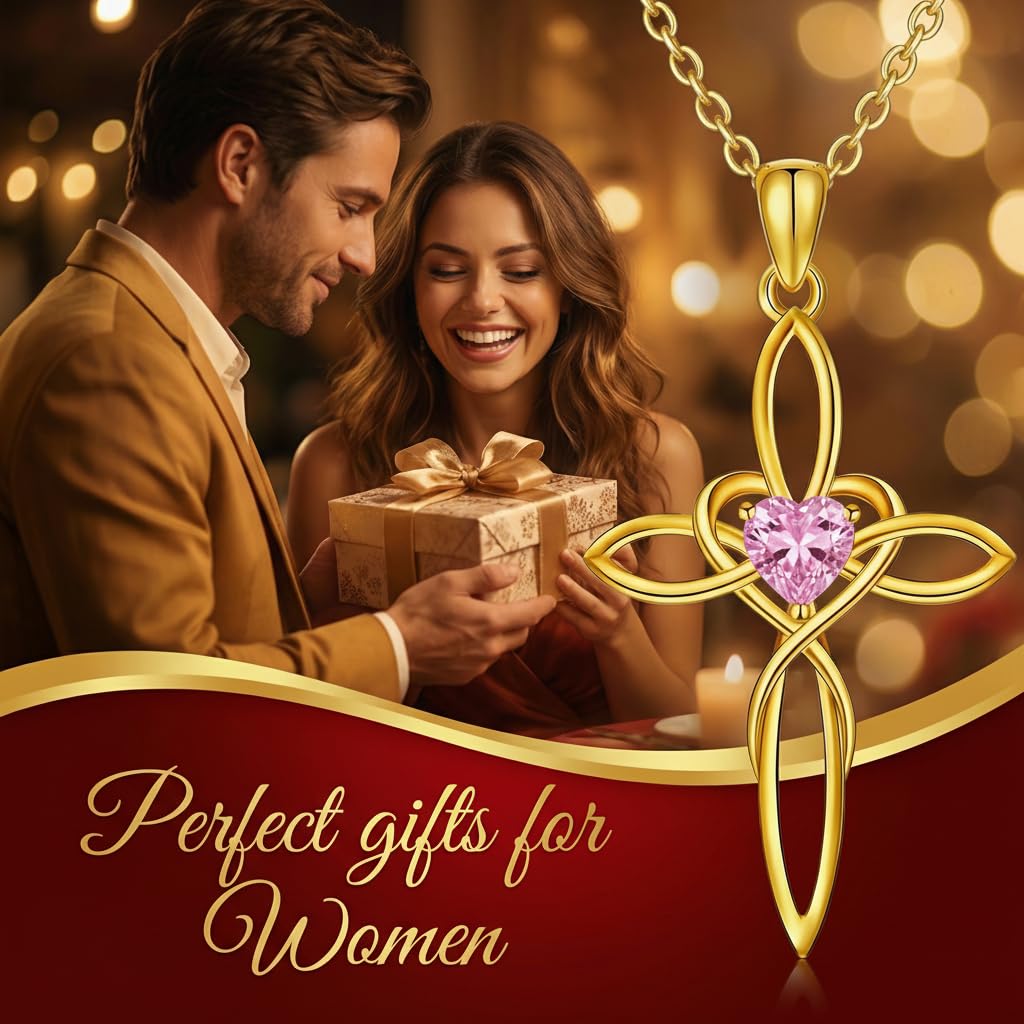 POIUY Celtic Knot Cross Birthstone Necklace for Women Irish Infinity Heart Pendant Cross Jewelry Baptism Faith Anniversary Valentines Birthday Mothers Day Gifts for Mom Wife Her