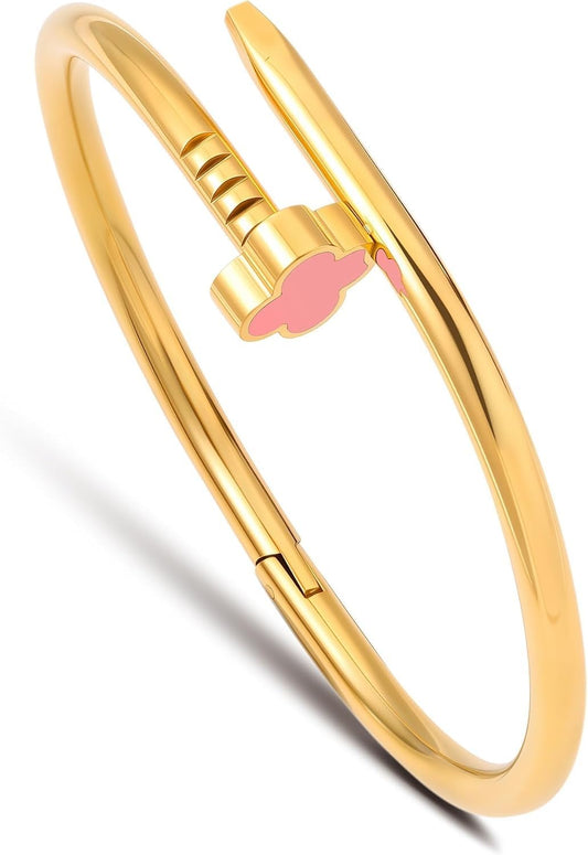 18K Gold Plated Love Nail Bangle Bracelet for Women,Stainless Steel Non-Tarnish Stackable Nail Bangle Couple Bracelet Love Trendy Jewelry Dainty Gold Bracelet Gift for Women