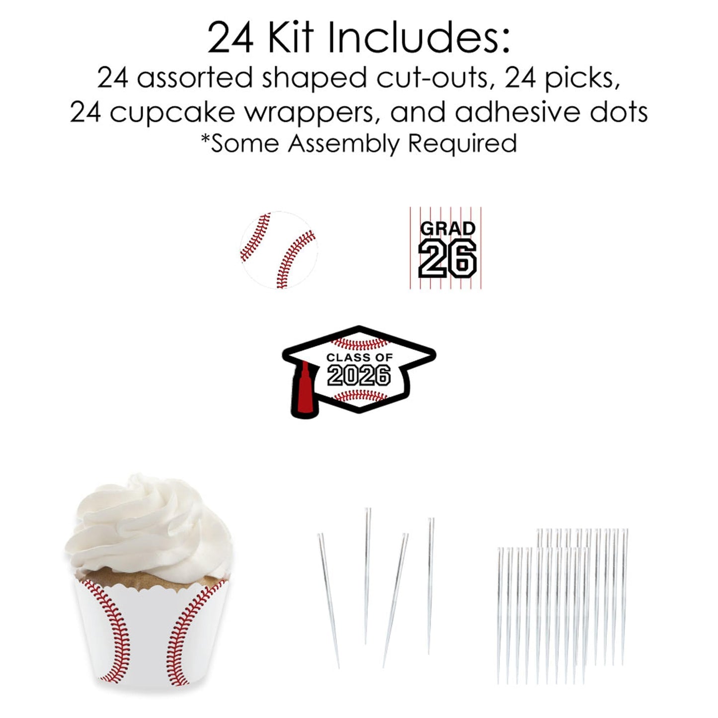 Big Dot of Happiness Grad Baseball - Cupcake Decoration - 2026 Graduation Party Cupcake Wrappers and Treat Picks Kit - Set of 24