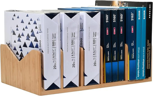 MobileVision Bamboo Paper Holder and Label Organizer Dividers for Office Organization and Storage, 5 wide dividers for Books, Binders, Files, Boxed Labels and more