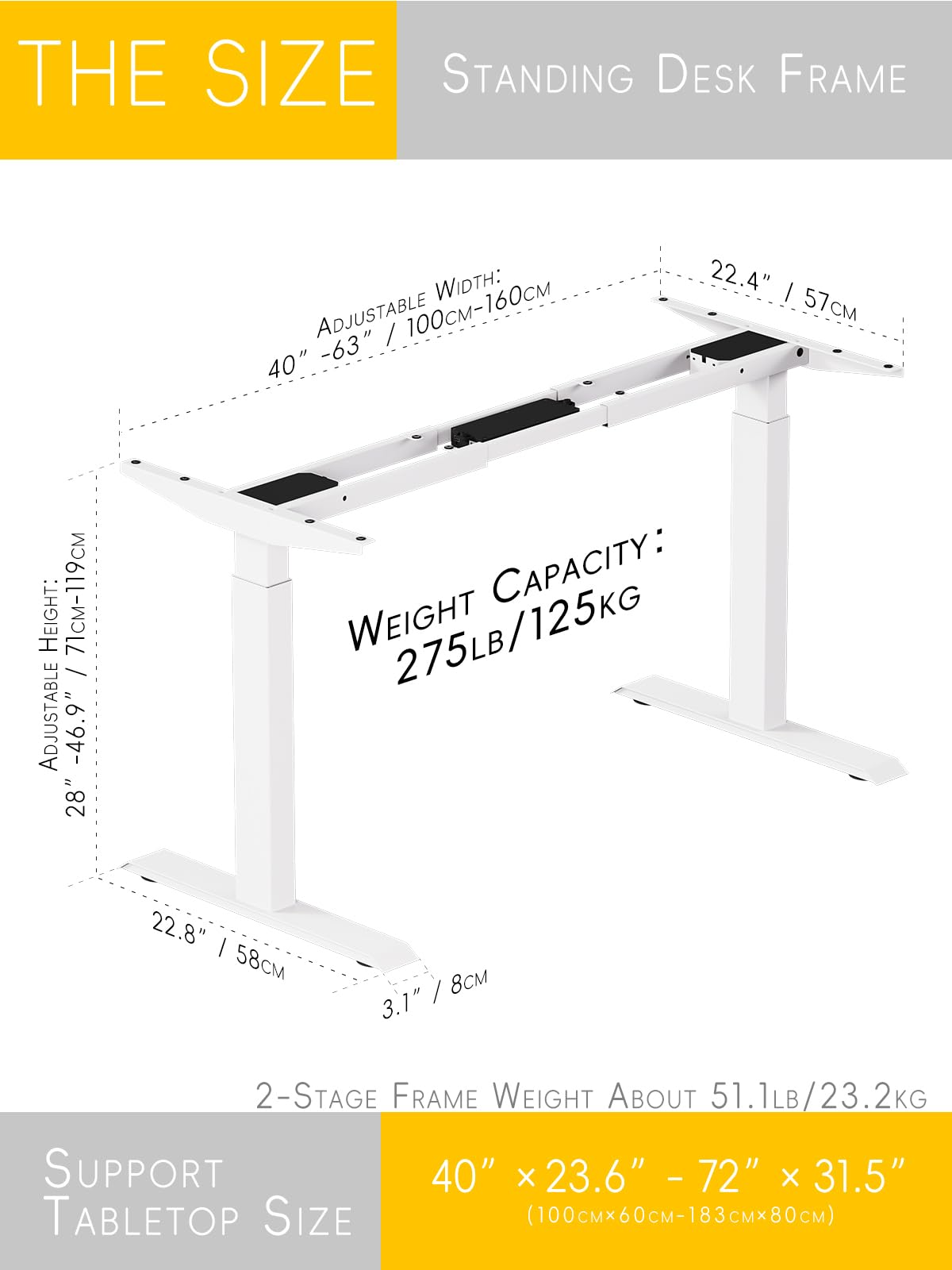 Standing Desk Frame 2 Stages with Smart Paddle Controller.Gyroscope Sensitive to collisions.Heavy Duty Adjustable Desk Frame for 40 to 72 inch Table Tops,Dual Motor,Load 275 lbs.White
