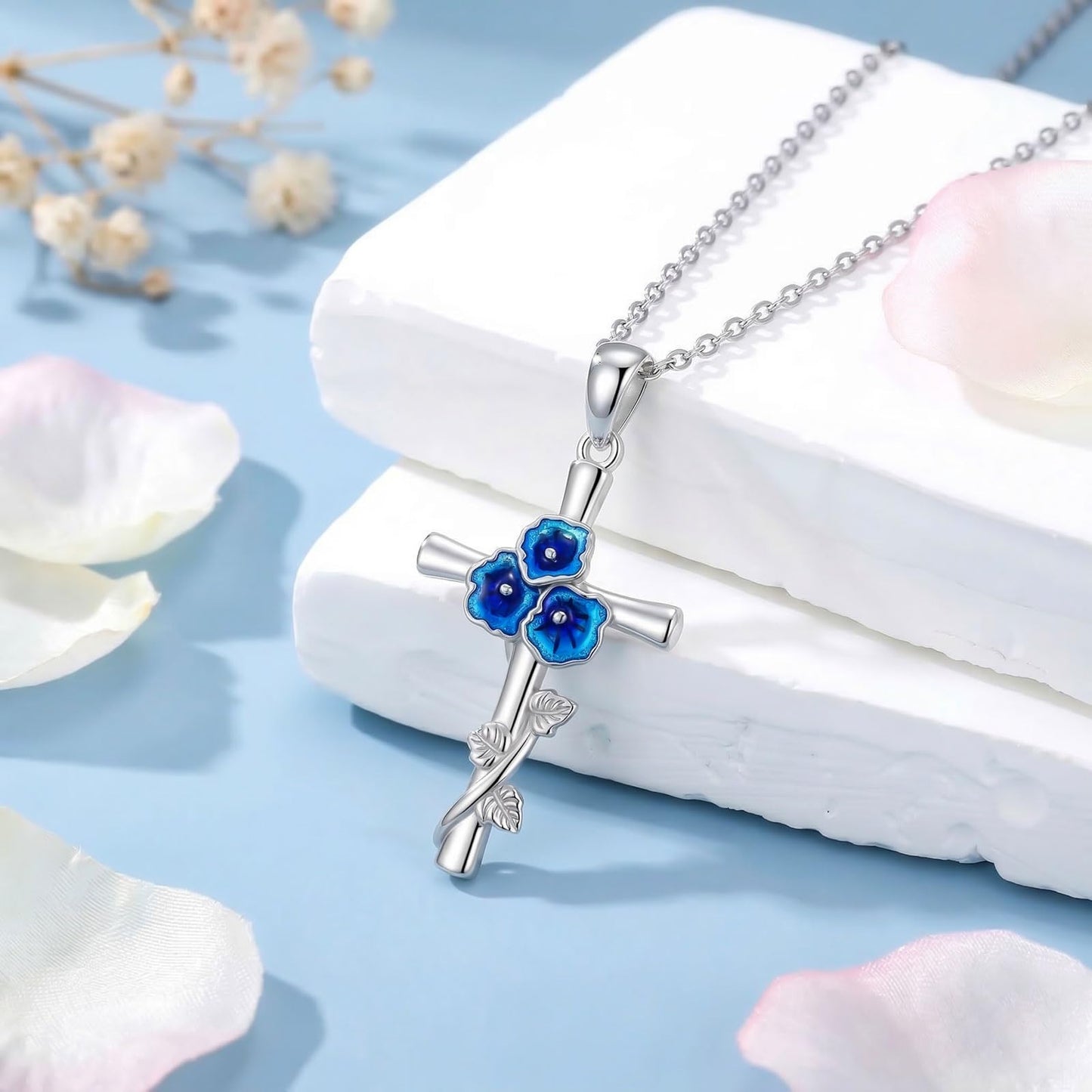 Cargari 925 Sterling Silver Morning Glory Cross Necklace for Women Blue Morning Glory Flower Pendant Necklace Religious Floral Jewelry Gift
