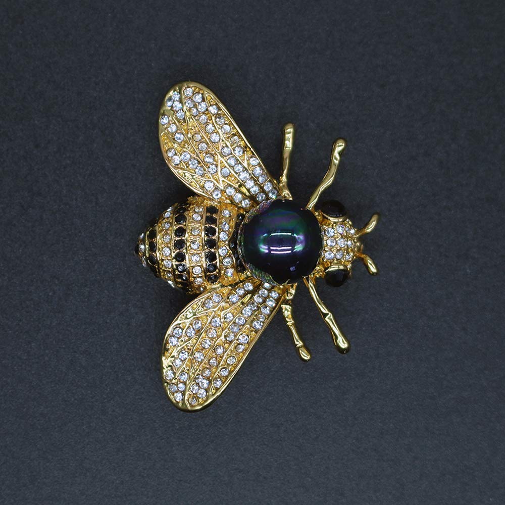 Honey Bee Brooches Crystal Insect Themed Bee Brooch Animal Fashion Shell Pearl Brooch Pin 14K Gold Plated(Multicolored black)