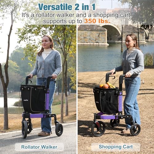 3 Wheel Rollator Walker, Walkers for Seniors, Rollator Walker Lightweight Foldable, with Tray and Large Storage Bag, 10 Inch Front Wheel for All Terrain, Purple
