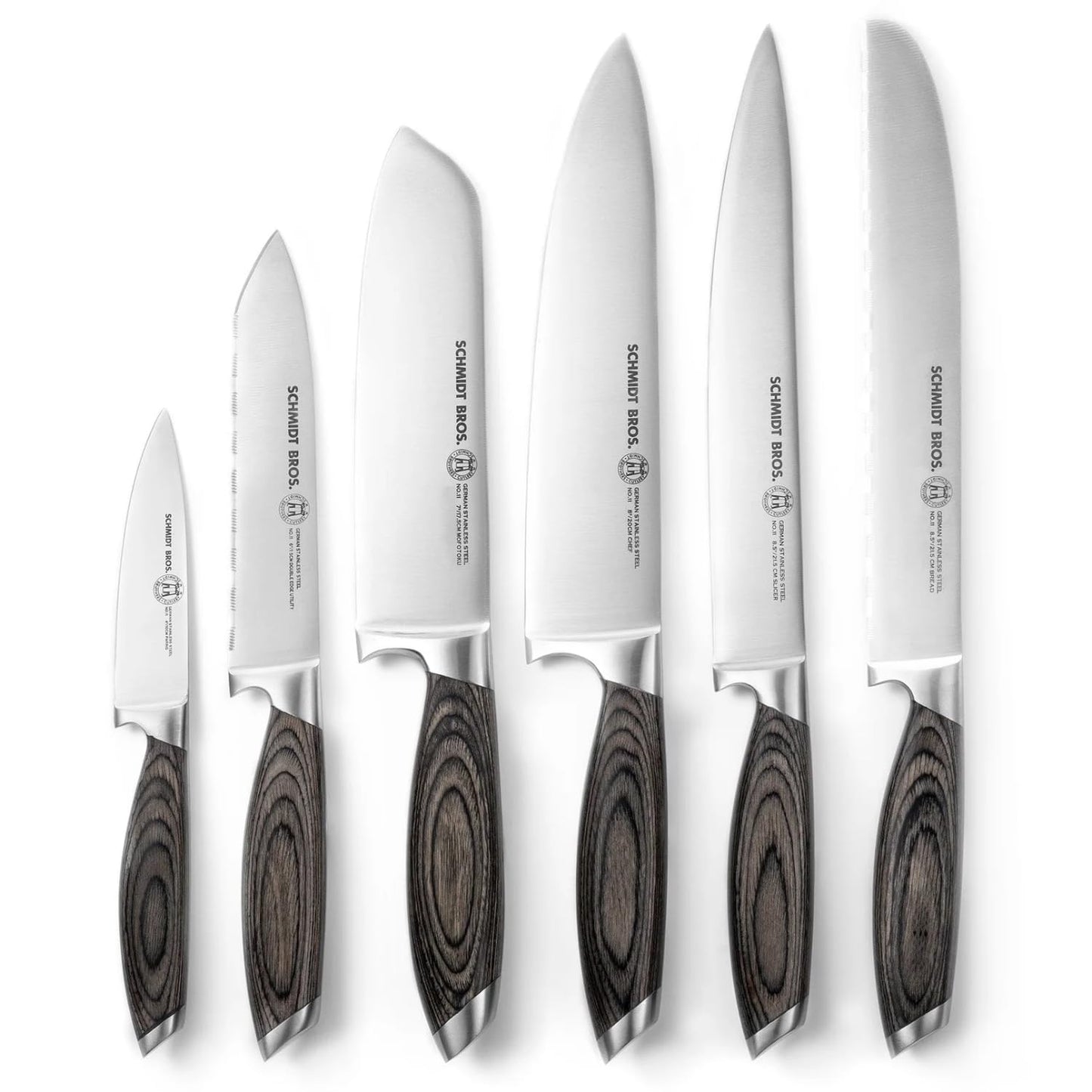Schmidt Brothers - Bonded Ash 7-Piece Kitchen Knife Set, High-Carbon German Stainless Steel Cutlery, Ash Finish Wood Handles and Clear Acrylic Magnetic Knife Block