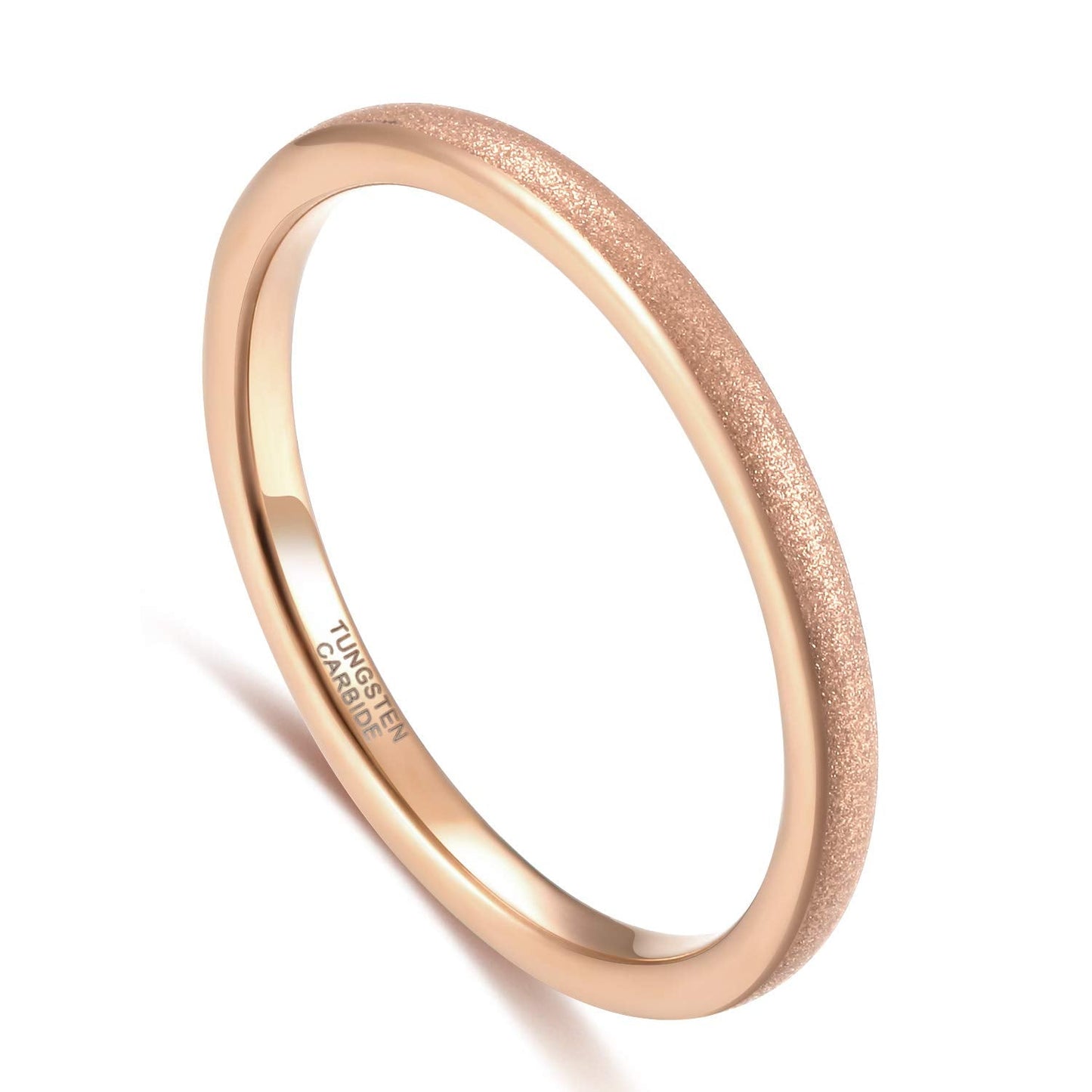 Greenpod 2mm Thin Rose Gold Plated Tungsten Ring for Women Dome Sandblasted Stackable Wedding Bands Comfort Fit Size 4