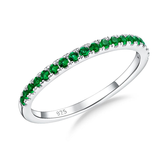 AGRULE 1.4mm Dainty Wedding Band Sterling Silver White Gold Plated Bezel Set 5A Cubic Zirconia Rings Emerald Birthstone Ring for Men Women, Size 8