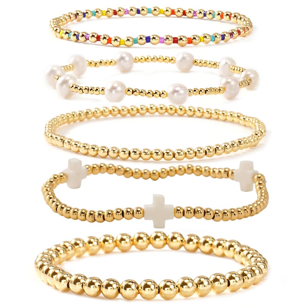 Bohxantium 14K Gold Beaded White Cross Bracelets for Women Dainty Pearl Colorful Seed Beads Stretch Stackable Non Tarnish Bracelet Stack Boho Christian Jewelry Accessories Birthday Prom Friendship Gift