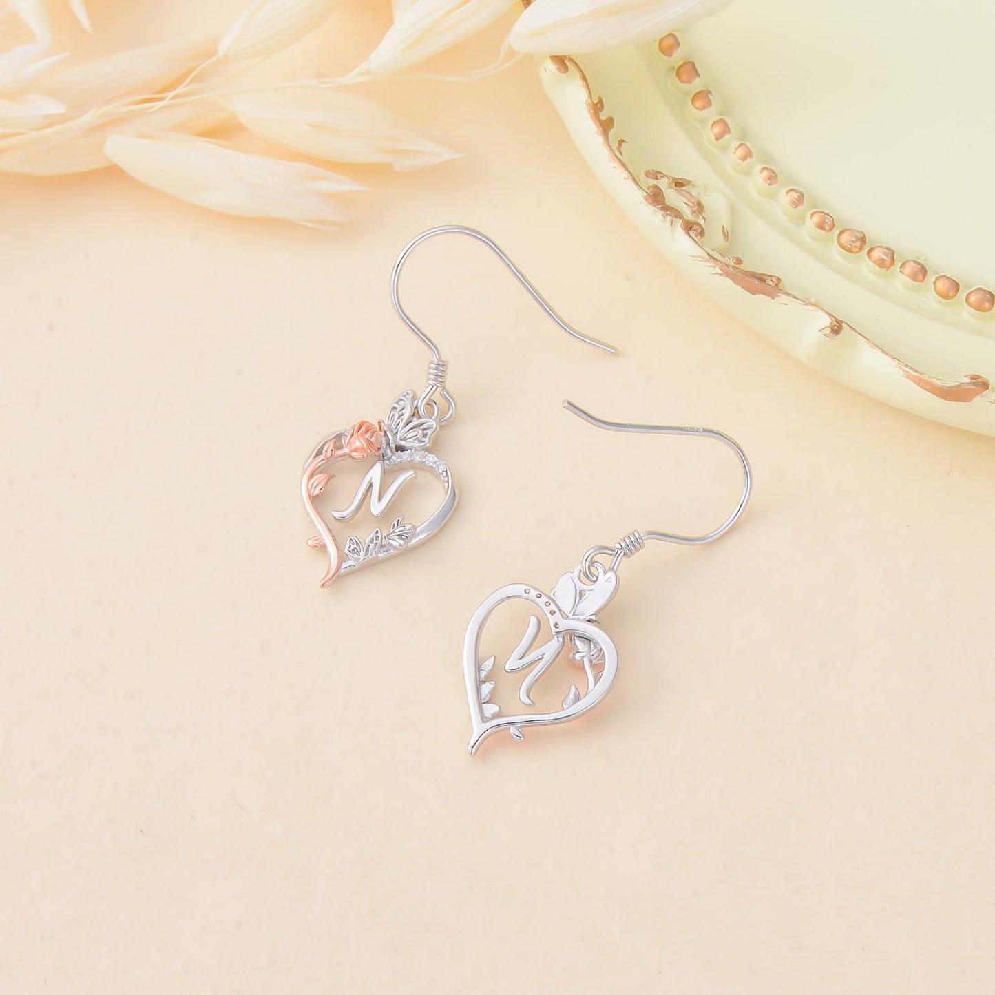 TOUPOP Rose Heart Initial Earrings Sterling Silver Butterfly Earring Initial N Letter Drop Dangle Earrings Jewelry Anniversary Birthday Mothers Day Gifts for Women Mom Wife Girlfriend Her