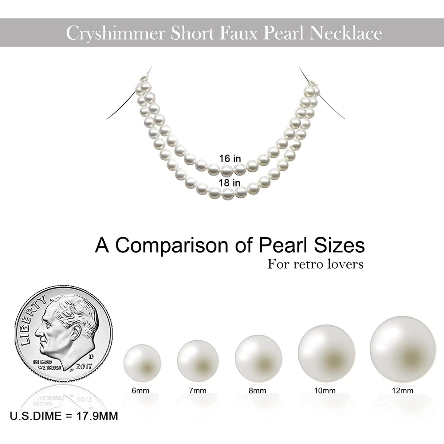 Cryshimmer Pearl Choker Necklace for Women Faux Pearl Beads Strand Pearl Necklaces Wedding Brides Costume Jewelry,6MM