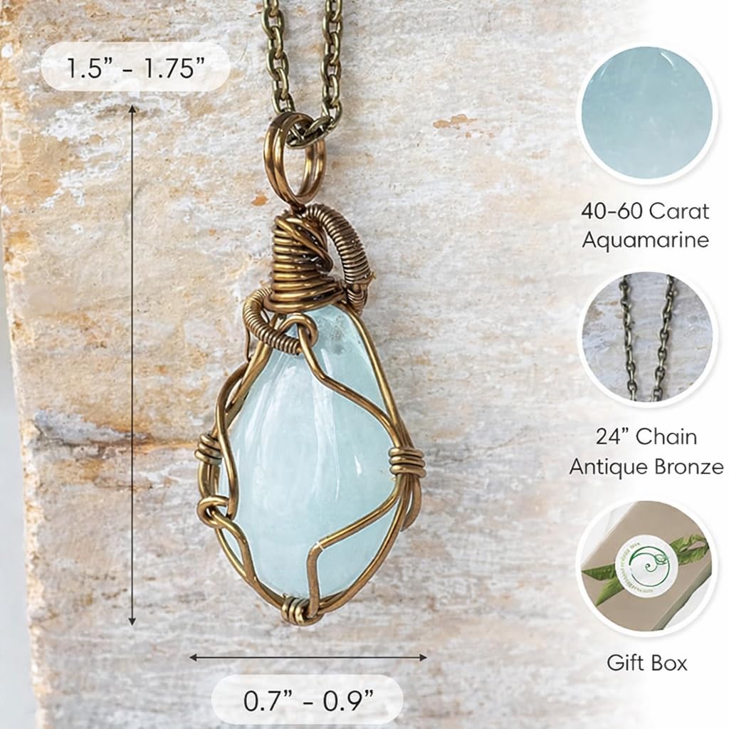 Designs by Nature Gems Natural Aquamarine Necklace for Women | March Birthstone Necklace for Women | Designer Pendant Necklace | 40-60 Carat Aquamarine, Antique Bronze Chain
