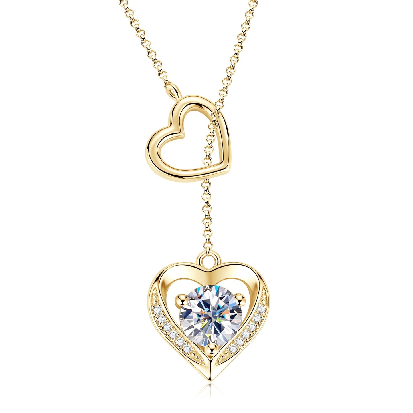 Moissanite Lariat Necklace for Women Heart Slip Chain Necklace 16-20 Inches Adjustable Long Chain Y Shape Necklace Gold Plated 925 Sterling Silver Love Pendant Jewelry Gifts for Wife, Girlfriend, Mom, Birthday, Anniversary Present