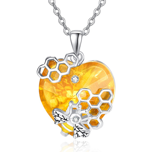 AENEAS Valentines Day Gifts for Women Her Bee Necklace 925 Sterling Silver Honey Bee Pendant Necklace with Love Heart Citrine Crystal Jewelry Gifts for Birthday Christmas Anniversary
