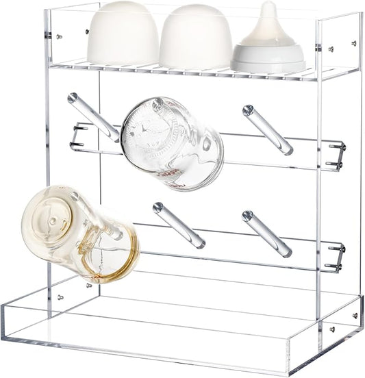 Baby Bottle Drying Rack Space Saving Acrylic Vertical Bottle Dryer Rack with Drip Tray - Clear Kitchen Countertop Storage Organizer–Fast Drying and Easy Cleanup - 10.3 x 6.3 x 10.6 in