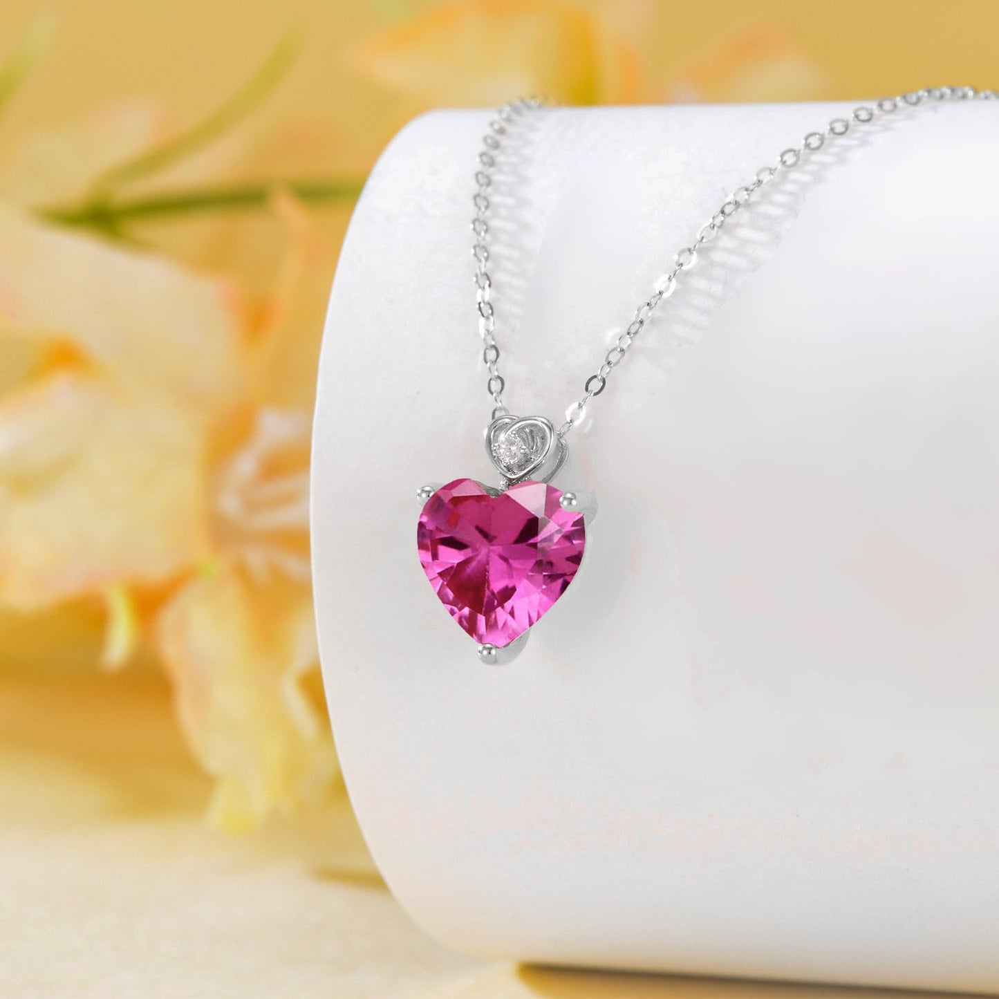 NFYBD 14k White Gold Love Heart Tourmaline Birthstone Pendant Necklace for Women 3 Carat Heart-cut Created Gemstone Anniversary Birthday Mother's Day Necklaces for Her-oct