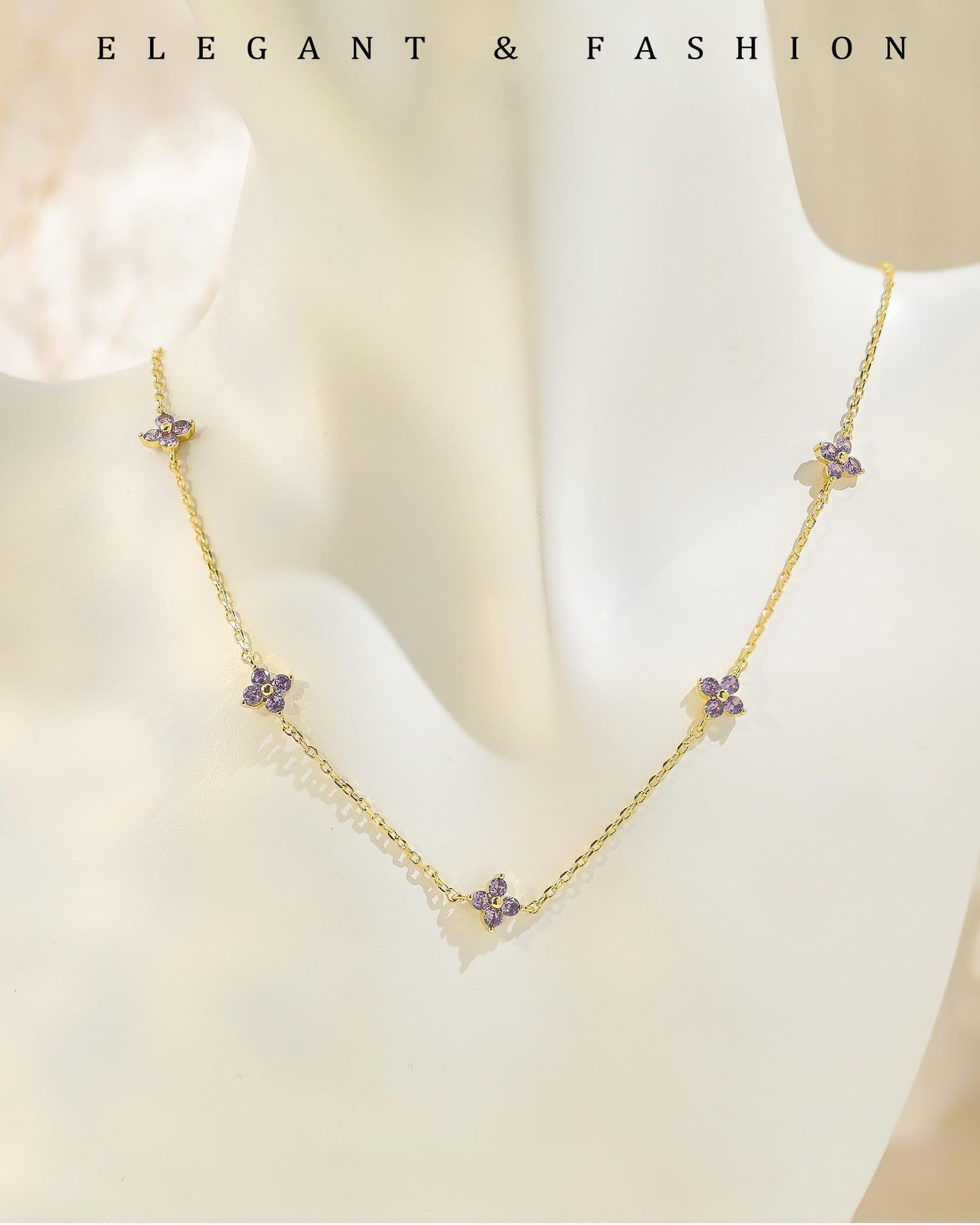 ZHESHY Birthstone Gold Necklace for Women Dainty Non Tarnish 14K Gold Plated Diamond Choker Necklaces Clover Cubic Zirconia Station Necklace Birthday Valentine's Day Gifts Womens Prom Gold Jewelry