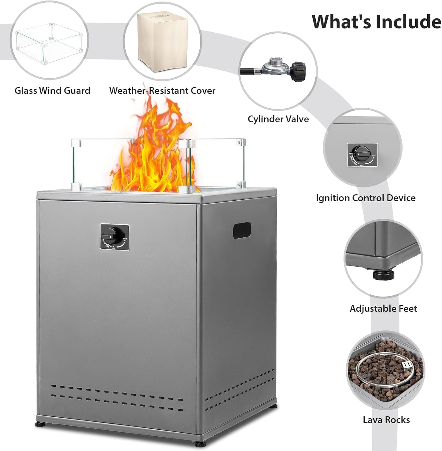 20" Square Smokeless Propane Fire Pit Table, 50,000 BTU Portable Outdoor Patio Heater with Lava Rocks, Glass Wind Guard & Cover for Deck, Backyard, Garden, Camping (Black)