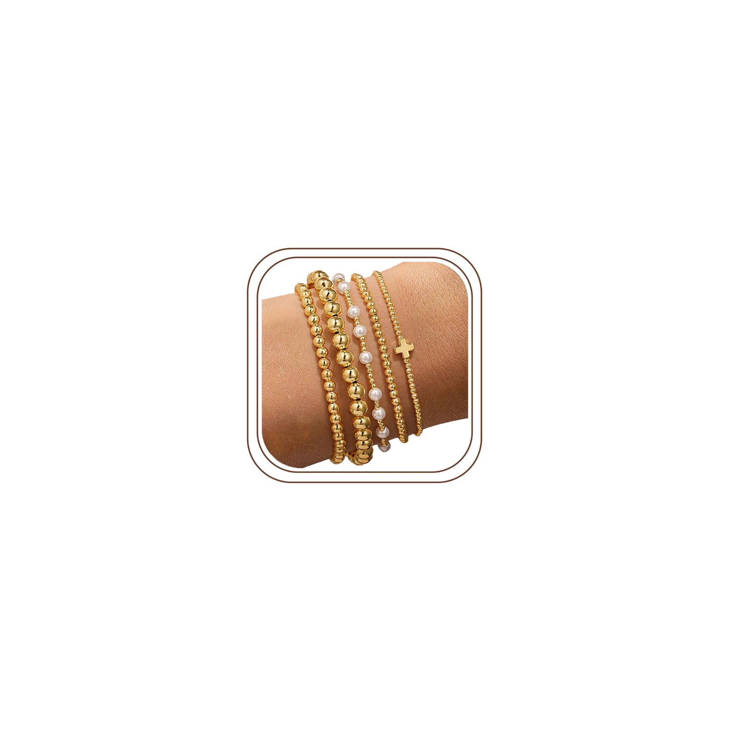 Yoosteel Gold Beaded Bracelets Set for Women - 14k Gold Plated Dainty Tiny Round Beaded Cross Pearl Bracelet Stack for Women Teenage Girl Gifts Stackable Jewelry Gifts 5 PCS
