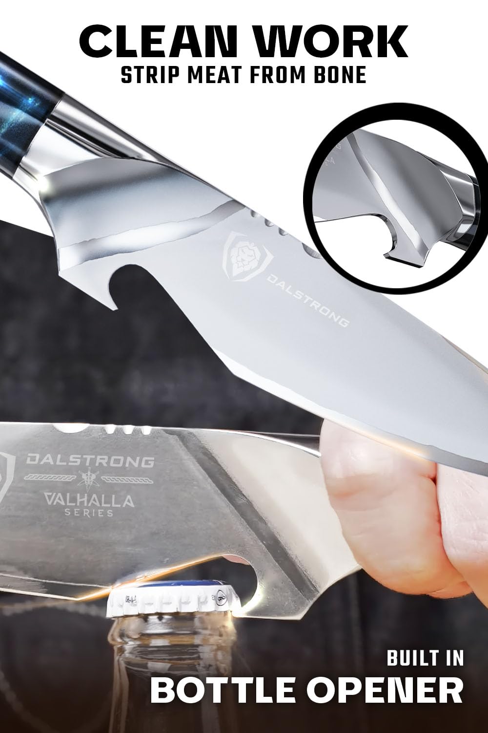 Dalstrong BBQ Piranha Knife - 6 inch - Valhalla Series - 9CR18MOV HC Steel - Celestial Resin & Wood Handle Gift Knife - Built-in Bottle Opener - Meat Cutting, Carving, Bone, Trimming - Leather Sheath
