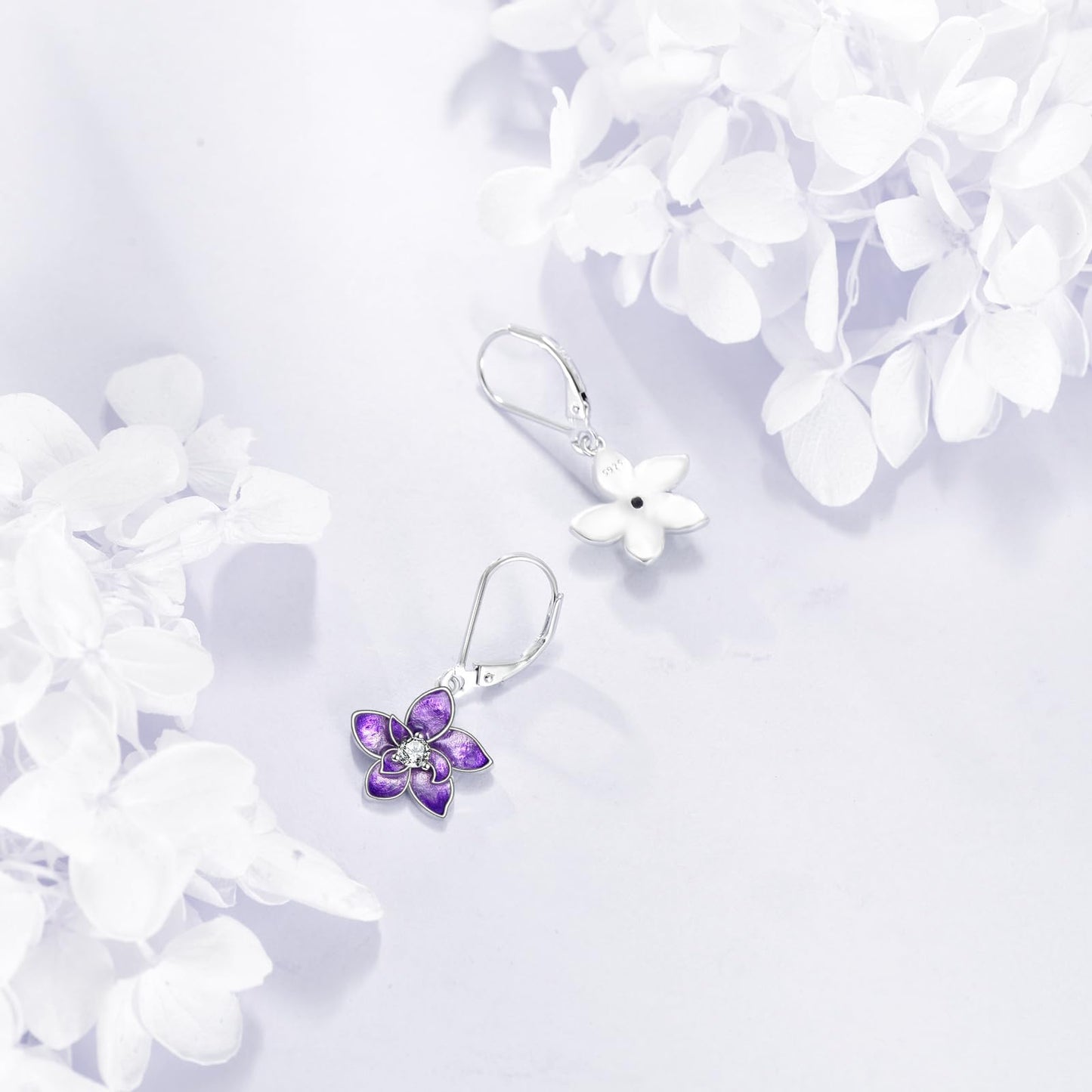 TIGER RIDER Purple Orchid 925 Sterling Silver Leverback Earrings with Birth Flower Earrings with White Zircon Jewelry Gift for Women Birthday Christmas