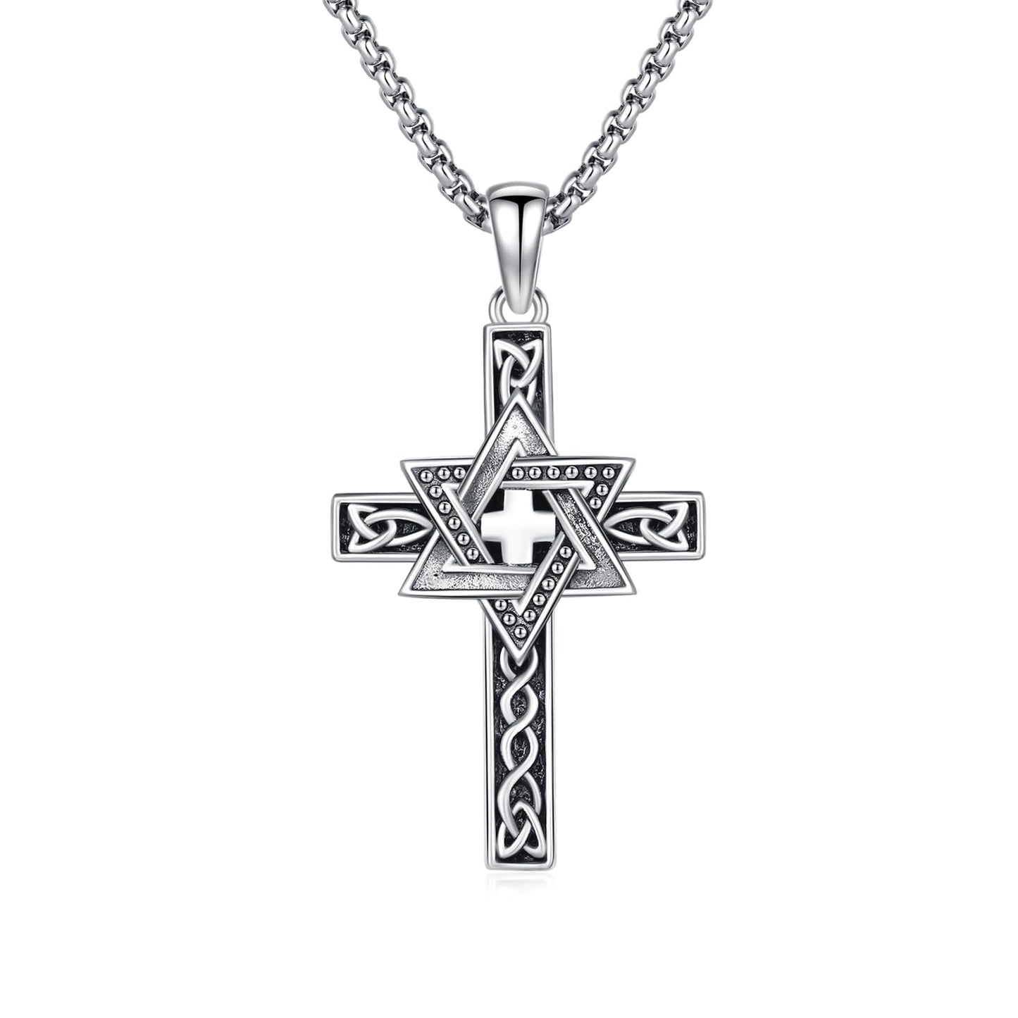 YEESIA Star of David Necklace 925 Sterling Silver Celtic Cross Necklace Jewish Star Cross Pendant Necklaces Celtic Star of David Star Jewelry Valentines Day Gifts for Men Women