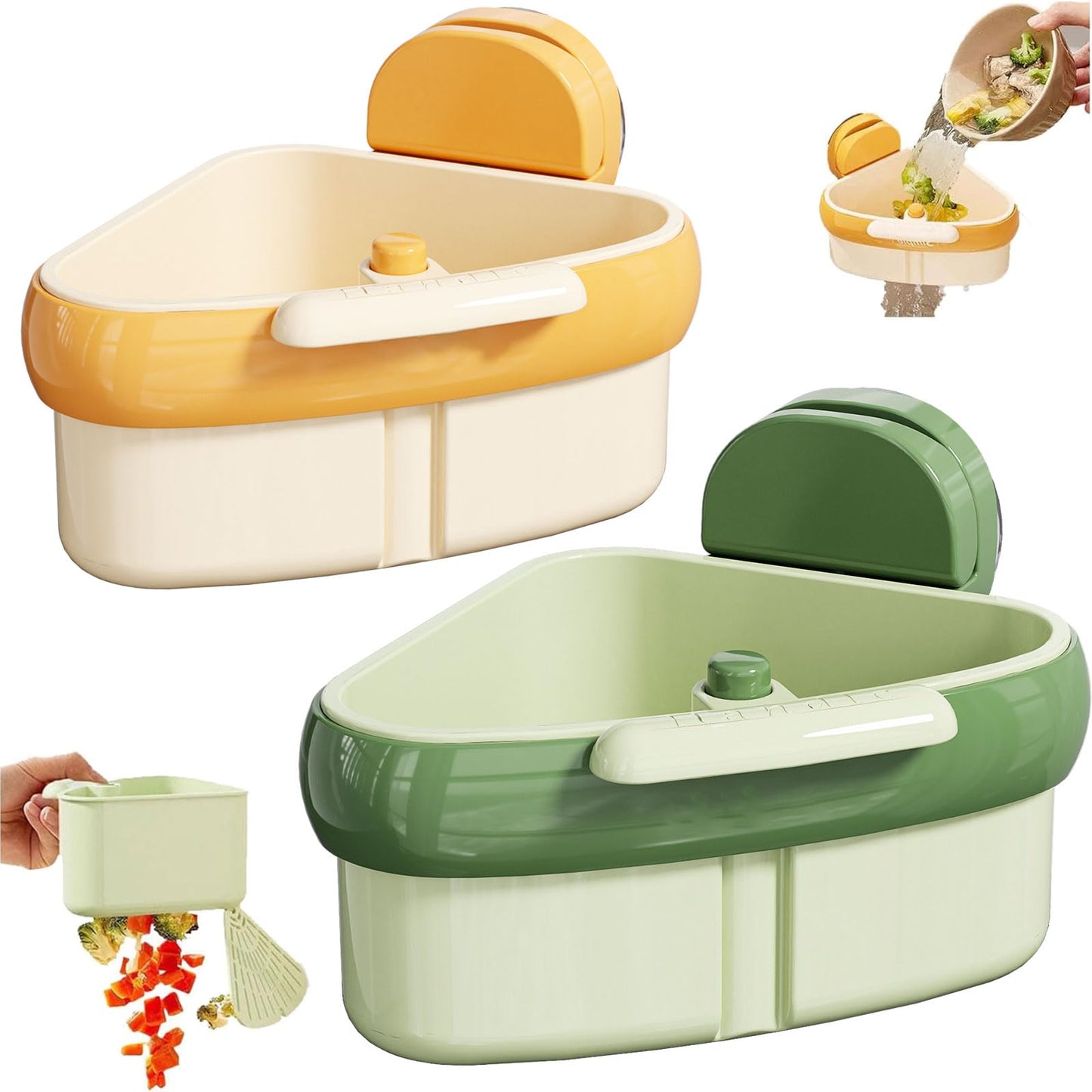 LLQ 2PACK Sink Strainer Basket,2025 New Upgraded Suction Cup Press Sink Drainer Basket,Automatic Dumping Sink Strainer Basket,Faucet Sponge Storage Rack (Yellow + Green)