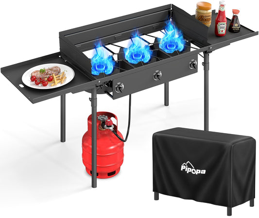 3 Burner Propane Camp Stove | 225,000 BTU Gas Burners | Side Shelves | Windscreen | Waterproof Cover | Detachable Legs | Ideal for Camping Backyard Outdoor Cooking