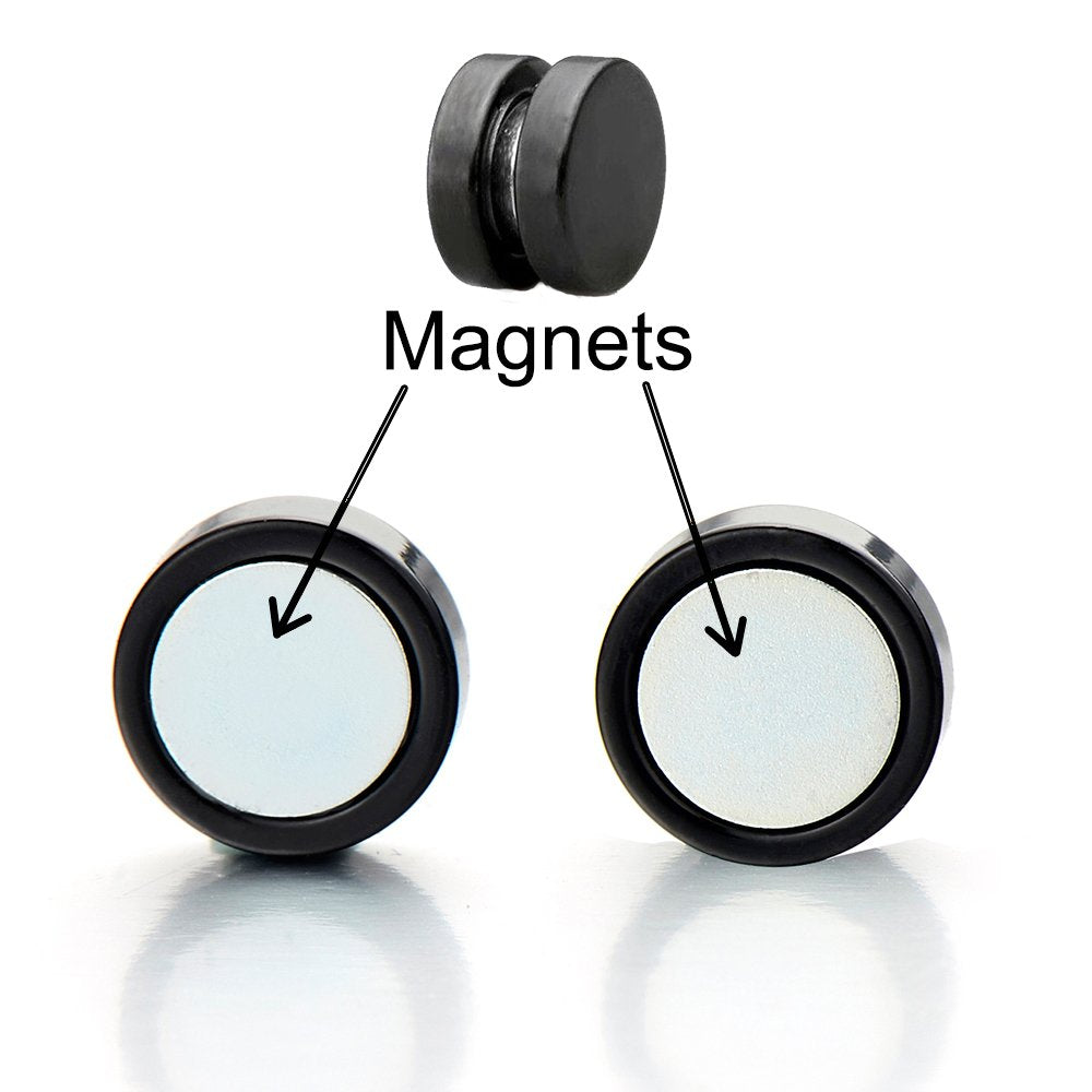 Magnetic Fake Plug Earrings for Men Women, Black Round Faux Gauge Studs, Non Piercing Illusion Ear Plugs