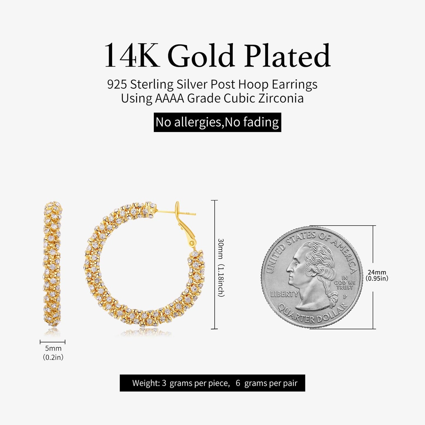 SayovatBek 14K Gold Plated 25–35mm Lightweight Hoop Earrings for Women, Cubic Zirconia, 925 Sterling Silver Post, Hypoallergenic Jewelry