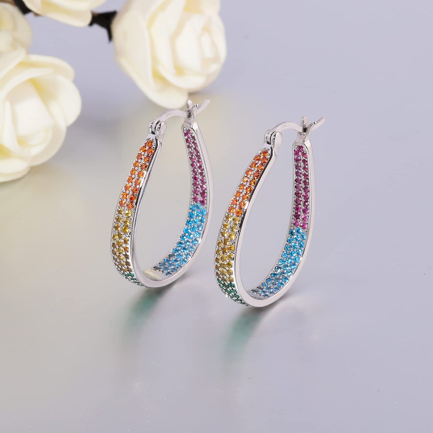 CiNily 925 Sterling Silver Post Hoop Earrings for Women 14K White Gold Plated Multcolors Cubic Zirconia Hoop Earrings Gemstone Hoops Oval Chunky Earrings Jewelry