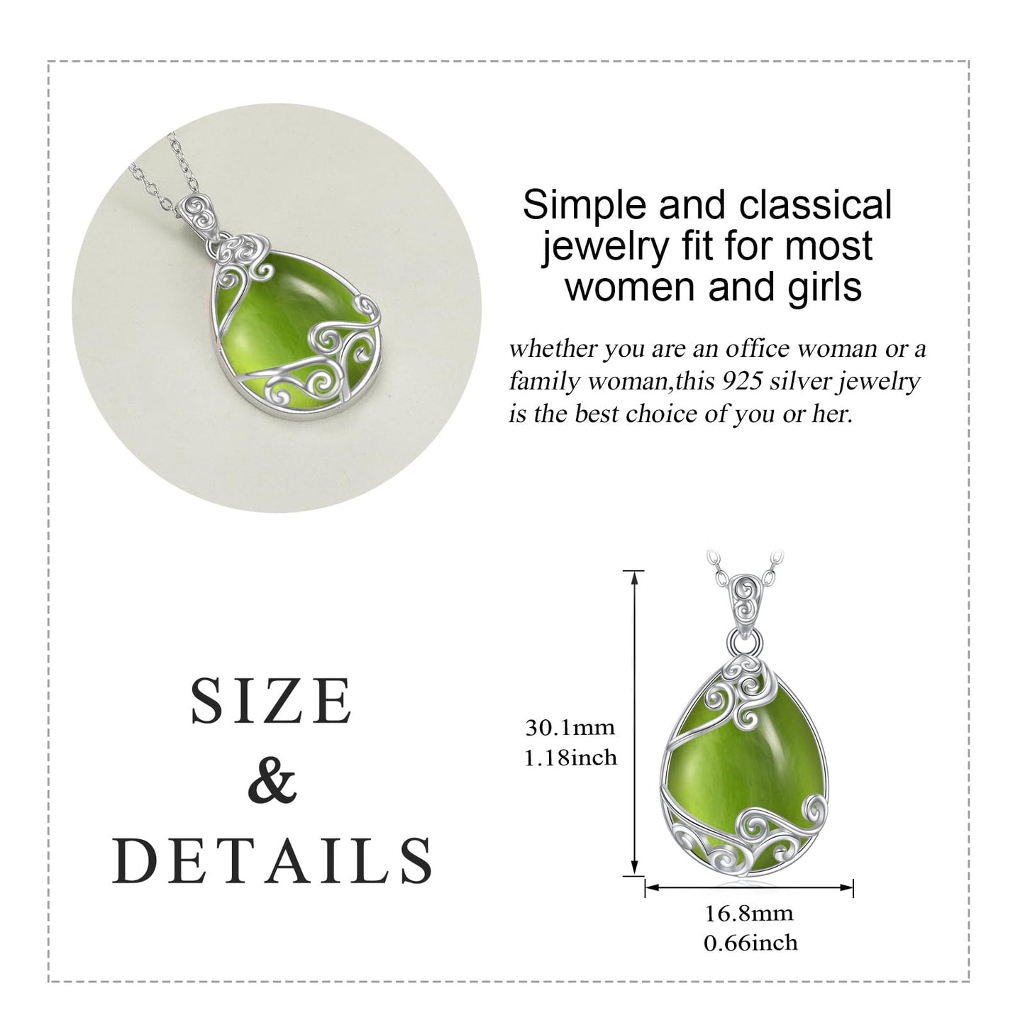 YAFEINI Sterling Silver Peridot Teardrop Pendant Necklace - Green Filigree Natural Stone Jewelry Gifts for Women