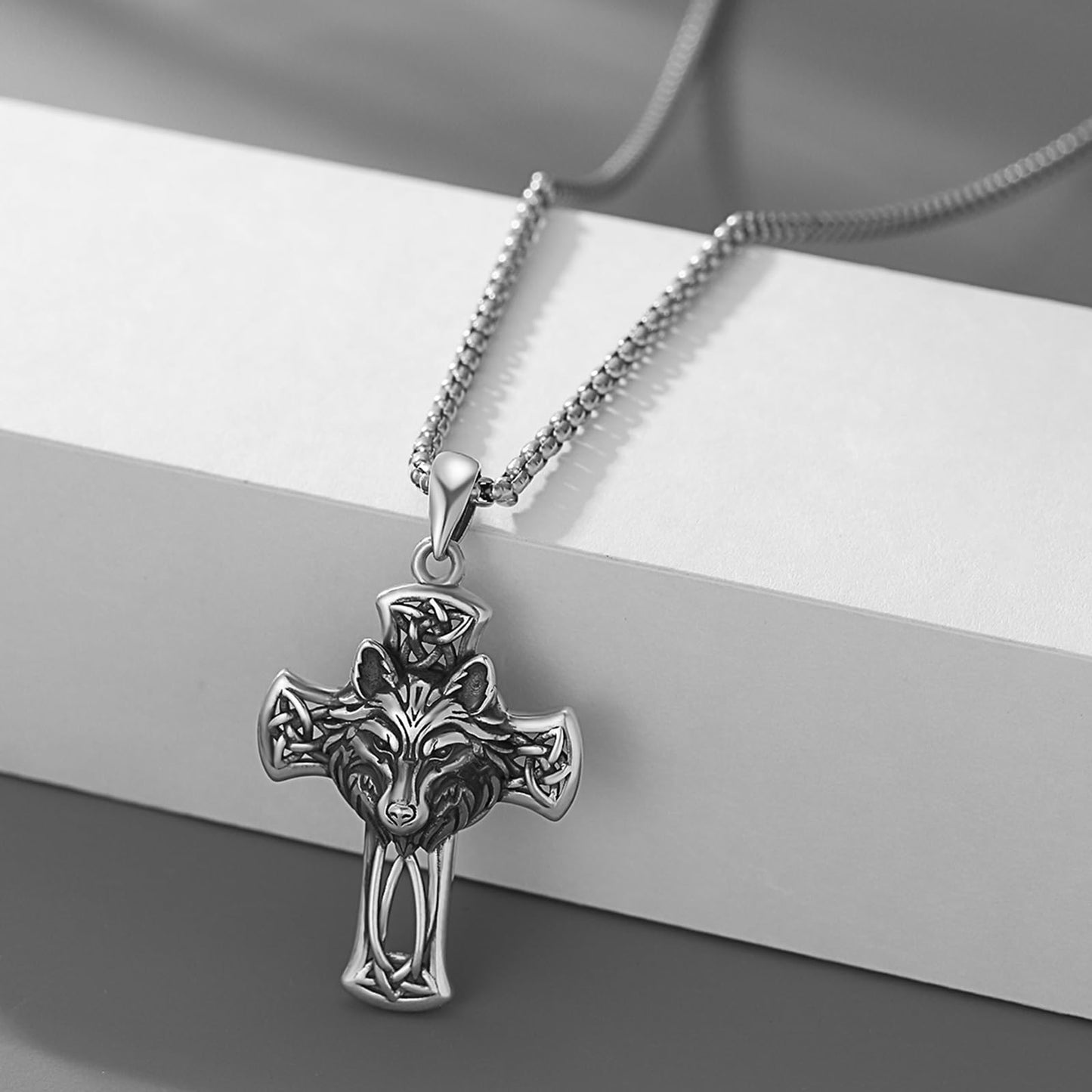 YEESIA Cross Necklace for Men 925 Sterling Silver Wolf Necklace Pendant Christian Protect Jewelry Wolf Gifts for Men Husband