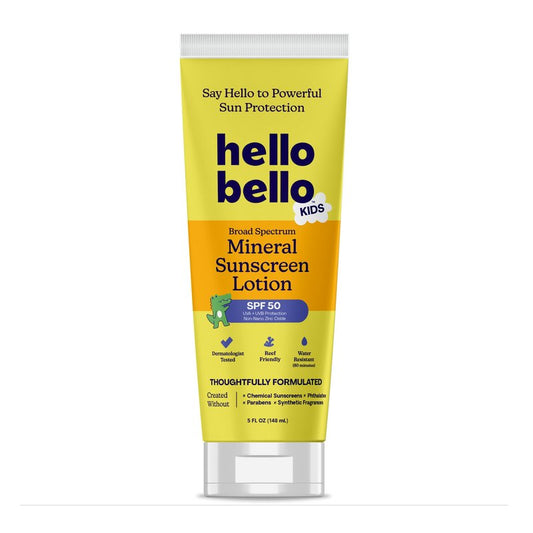 Hello Bello Kids SPF 50 Mineral Sunscreen Lotion - 5oz Tube - Water Resistant Broad Spectrum UVA + UVB Sun Protection