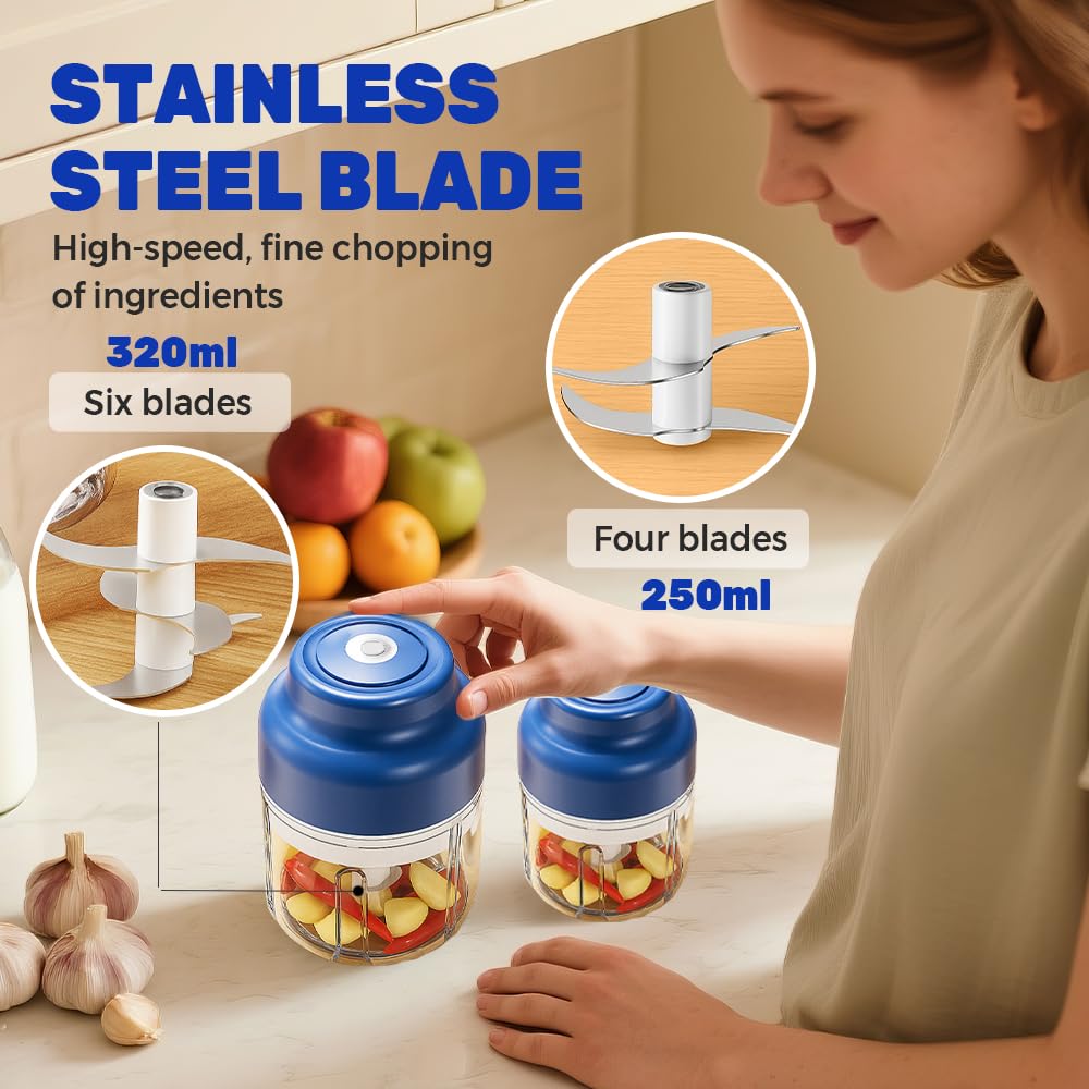 Electric Mini Garlic Chopper Set, 2025 New Small Garlic Chopper Mincer, Electric Food Chopper Tool, USB Rechargeable, Wireless Veggie Grinder, for Mashing Onion, Garlic, Chili, Ginger (Blue, 250ml)