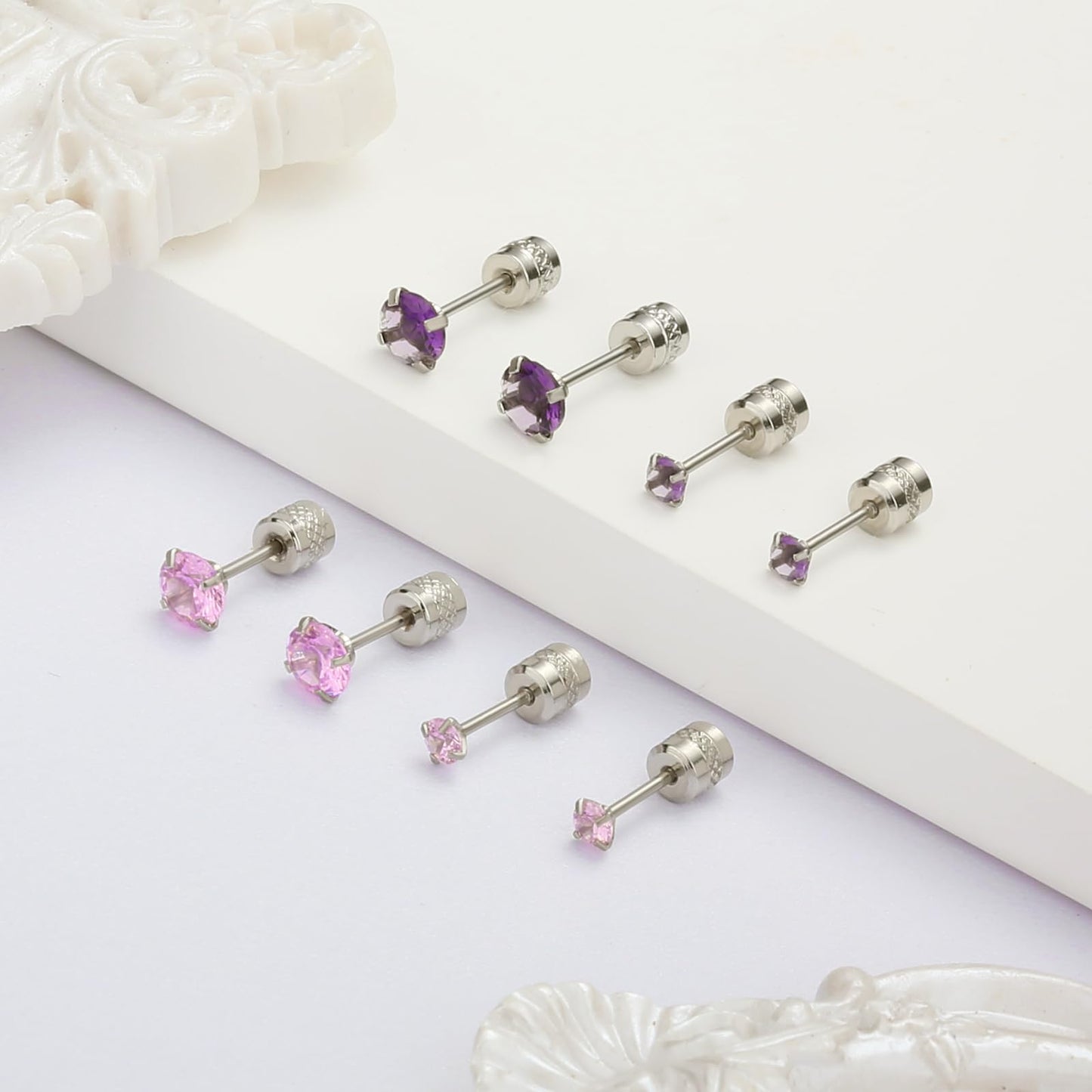 2 Pairs Flat Back Earrings for Women, Nap Earrings as Pink Stud Earrings for Women, Flat Back Stud Earrings for Sensitive Ears Hypoallergenic as Birthday Gifts for Women(3+5mm, Pink)