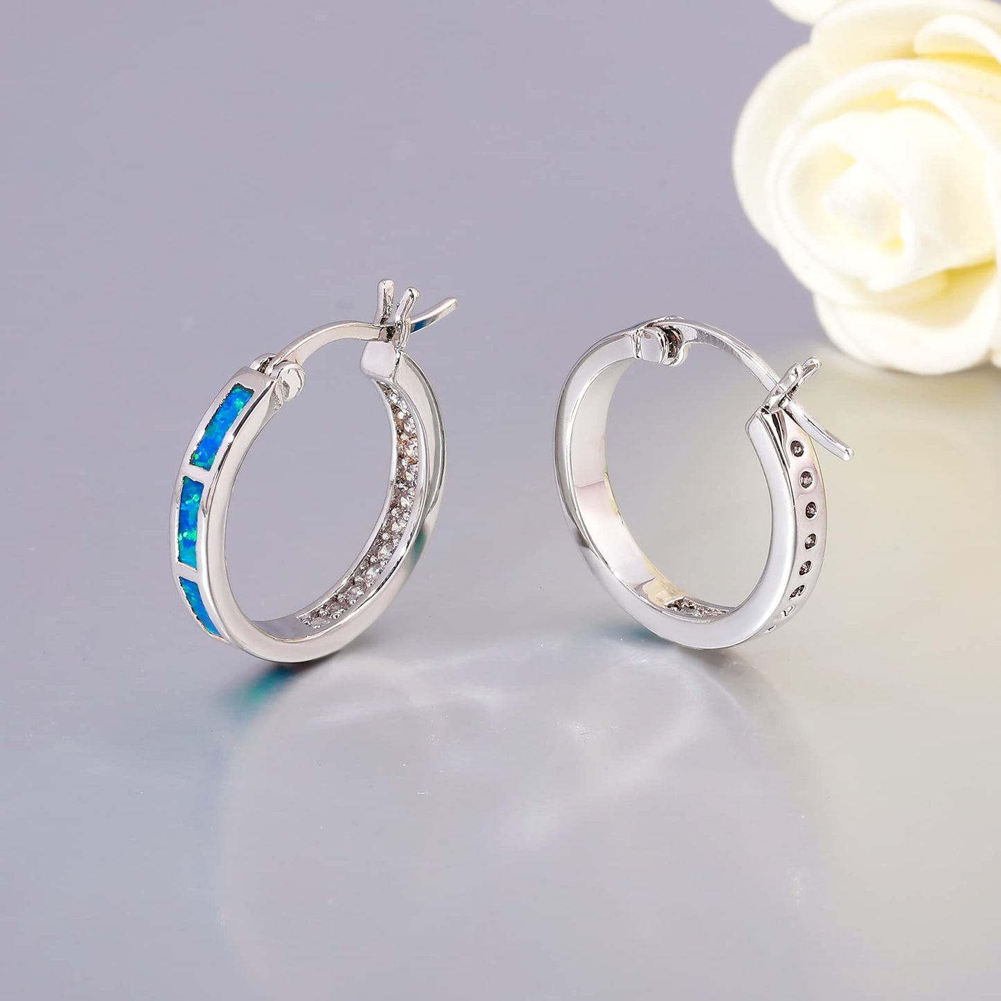CiNily Women's Hoop Earrings for Her Blue Opal Earrings White Gold Plated Hypoallergenic Small Round Ear Hoops Ladies White Gemstone Hoop Earrings Jewelry 20mm