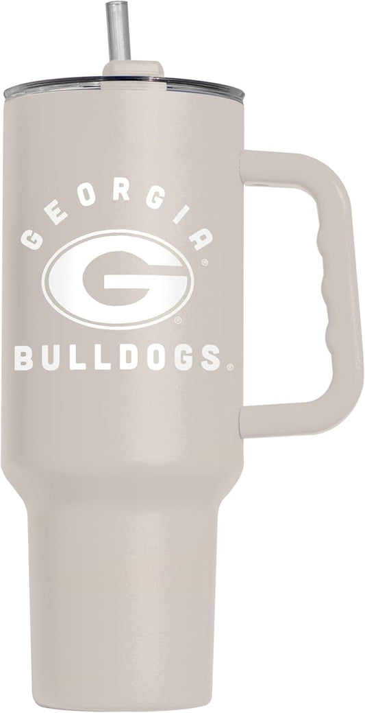 Logo Brands NCAA Georgia Bulldogs Sand 40 oz Tumbler with Handle - Stylish Everyday Use Powder Coated-Stainless Steel with Straw- Keeps Cold For Hours