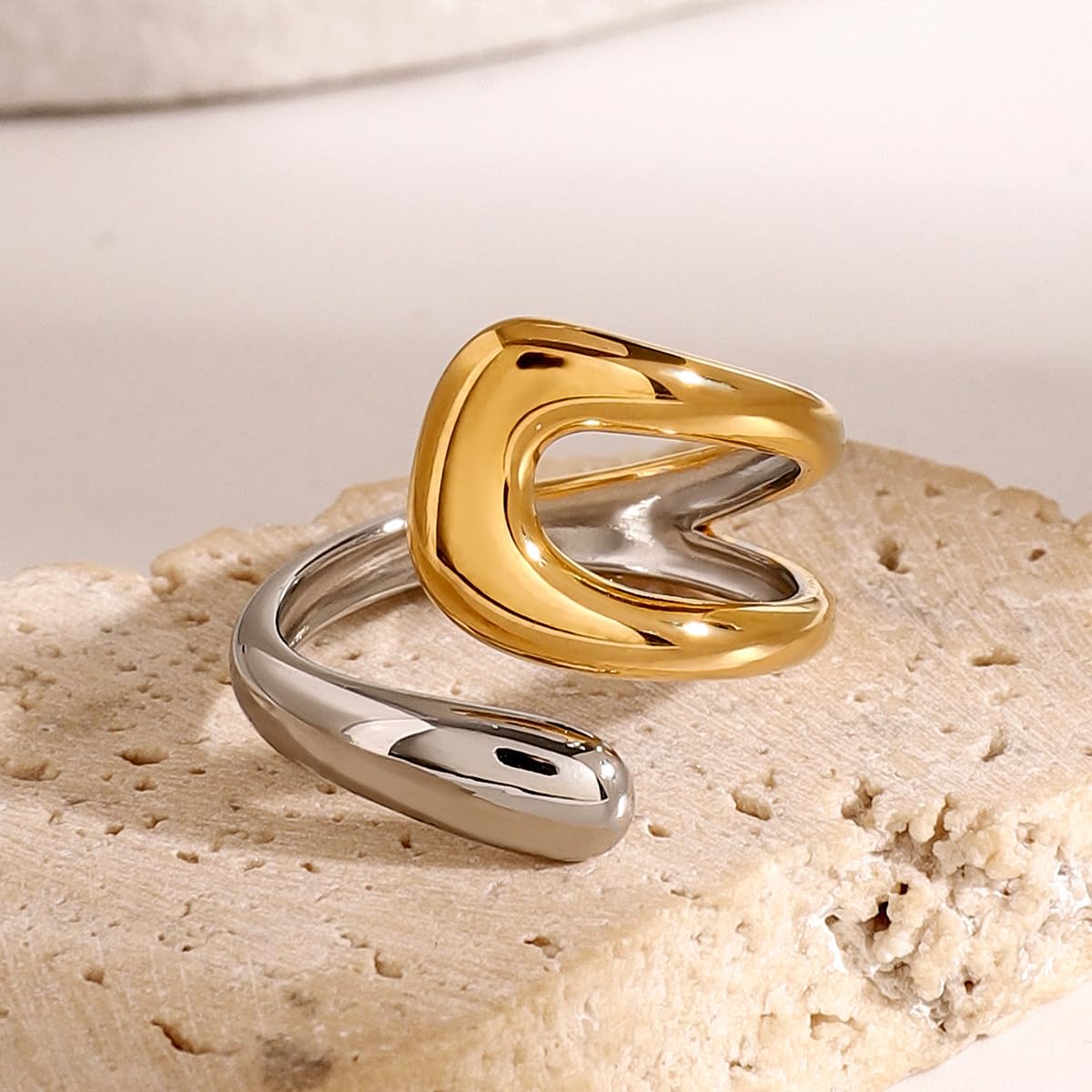 AIETUE Chunky Rings For Women, Gold Silver Thumb Ring Asymmetrical Wavy Curve Ring Adjustable Non Tarnish Dainty Stainless Steel New Year Anniversary Birthday Jewelry Gift (Zesty-Mixed)