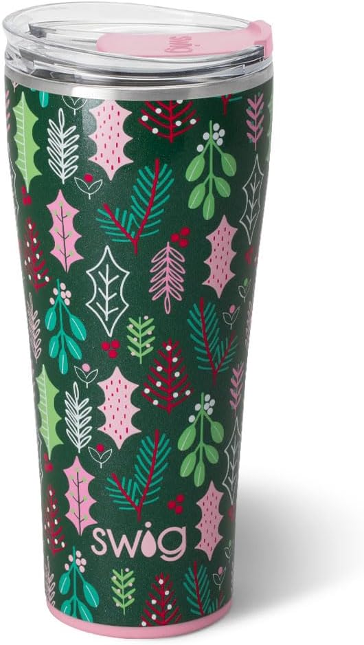Swig Life 32oz Insulated Tumbler, Travel Coffee Tumbler with Lid, Cup Holder Friendly Travel Coffee Mug, Stainless Steel, 32 oz, Reusable Insulated Mug with Lid (Merry Mistletoe)