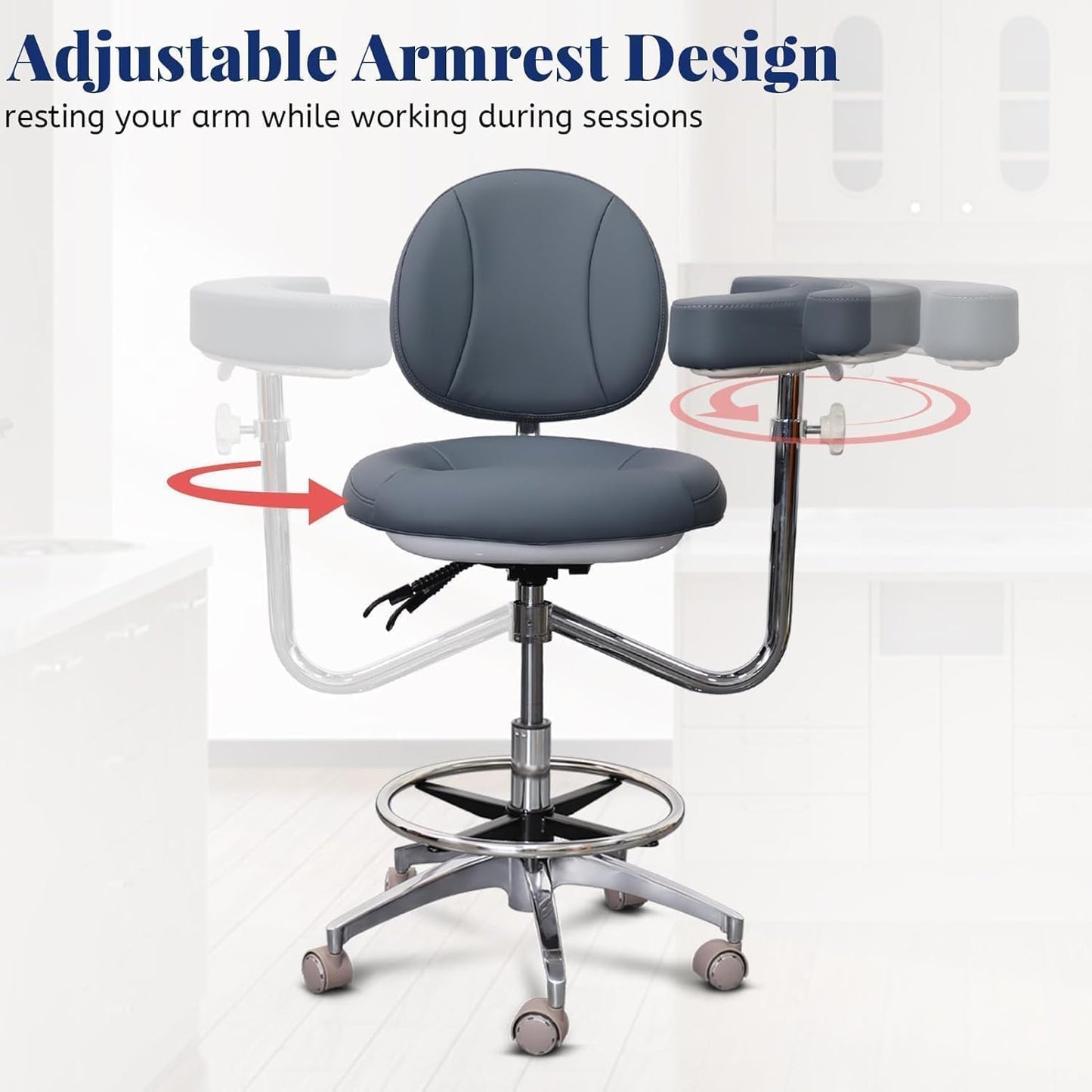 Medical Dental Assistant Chair with Rotatable Armrest Rolling Medical Chair Ergonomic Swivel Seating Back Support Dentist Stool for Clinics, Dental Offices, Labs-Gray